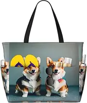 [Ghjkfbf] Wearing Clothes Cute Corgi Dogs Print Large Capacity Beach Travel Bag For Family, Beach Tote Bag For Women With Zipper Pockets, Black, One Size