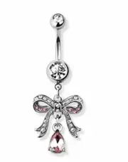 Body Accentz Belly Button Ring Ribbon Bow Paved Navel Ring with Teardrop Dangle