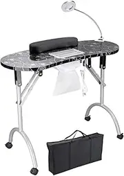 GUDAJIN Portable Manicure Table, Folding Table with Wheels, Beauty Manicure Workstation, Built-in Dust Collector, Nail Lamp, Sponge, Carrying Bag, Suitable for Nail Spa Beauty Salon (Black)