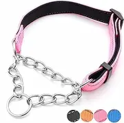 PUROAYET Martingale Dog Collars Adjustable Soft Nylon Reflective Collars with Stainless Steel Chain Walking Training Collars Heavy-Duty Puppy Chain Collars for Small,Medium,Large Dogs(Pink,S)