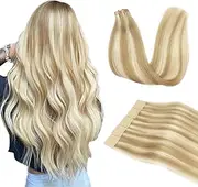 DOORES Human Hair Extensions Tape in Hair, Dark Blonde Highlighted Bleach Blonde 55cm 50g 20pcs, Tape in Hair Extensions Real Hair Extensions Straight Long Hair