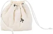 CREATCABIN Make Up Bag Drawstring Canvas Lining Travel Toiletry Bag Beige Bows Make Up Accessories Organiser Cosmetic Bag Drawstring Bag Portable Storage Clutch Bags for Women 18 x 25.5 cm