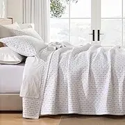 PERHOM 100% Cotton Queen Quilt, Gray Cross Stitch Queen Size Quilt with 2 Pillow Shams, Soft Lightweight Comforter Bedspread, Double Sided Stitching Bedding Set, 3 Piece, White/Gray