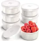 Porcelain Ramekins with Silicone Storage Lids, Set of 6 White Ramekins, Ramekins