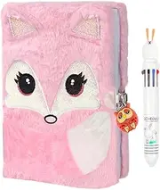 ParkistStar Plush Fox Diary, Pink Girls Diary with Lock, Kid Diary, Kids Journal Notebook Set with Lock and Pen, 80 Lined Sheet, School, Birthday Gift A5