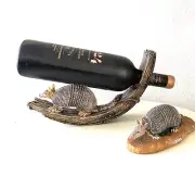 Rustic Armadillo Wine Bottle Holder with Mini Texas Armadillo Figurine Tabletop
