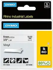 DYMO Rhino Vinyl Industrial Labels, 9 mm x 5.5 m Roll, Black Print on White, Self-Adhesive, 18443