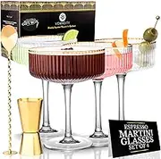 VEMACITY Ribbed Coupe Glasses Set of 4 with Gold Rims, Bar Spoon & Jigger | 10oz Coupe Cocktail Glass | Vintage Champagne Coup Glasses | Ribbed Glassware | Ideal Martini Glasses | Recipe e-Book (PDF)
