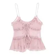 Plain Ruffle Trim Tie Front Crop Camisole Top Pink - XS