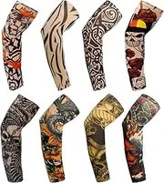 Reayou Tattoo Sleeves, 8 Pcs Fake Tattoos Sleeves to Cover Arms Stretchy Nylon Arm Sleeves Sun Protection Sleeves Covers Tattoo Cover Up Sleeve Temporary Tattoo Sleeves