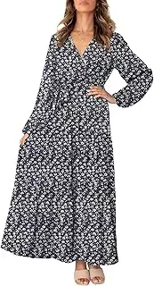 MITILLY Women's Boho Leopard Print Ruffle Long Sleeve V Neck Casual Flowy Party Maxi Dress, Floral Black, Medium