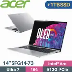 ACER SWIFT GO SFG14-73-731T 銀 (CORE ULTRA 7 155H/16G/512G+1TB/W11/EVO/14)特仕