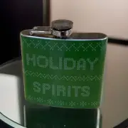 Christmas Flask~“Holiday Spirits” W/Green Background~Stainless Steel~Bar Pub