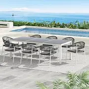 Gardeon 9 pcs Outdoor Dining Set, Steel Rope Garden Setting Table and Chairs, 8 Seater Patio Conversation Sets Extendable Tables Furniture Backyard, Weather-Resistant Black with 8 Foam Cushions