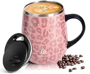 [Ideus] 16 oz (470 ml) Insulated Coffee Mug with Handle and Lid, Double Wall Stainless Steel Vacuum Thermal Coffee Mug, Travel Coffee Cup Thermal Cup for Home and Office, Leopard Pink