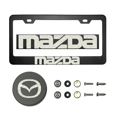 Fit Mazda T304 Laser Etching SS Polish Black License Plate Frame w/Metal Cap