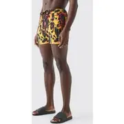 Mens Red Short Length Flame Swim Short