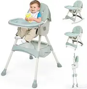 High Chair 3 in 1 Convertible Folding Baby High Chairs with Adjustable Height 3 Recline Positions Rocking Chair Booster Seat for Toddlers Sturdy Portable with Removable Tray Detachable PU Cushion