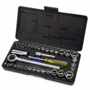 40 Pieces Metric SAE 1/4'' & 3/8" inch Drive Ratchet Socket Wrench Tool Set Case