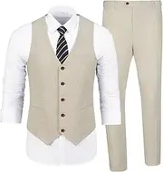 [ZKHOECR] Men's Casual Linen Suit Set 2 Piece Slim Fit Wedding Suits Prom Groomsmen Suit Tuxedos Beach Suits Vest Pants, Beige, X-Large