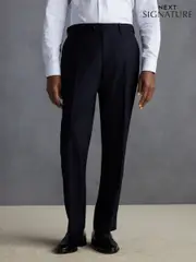 Navy Blue Slim Fit Signature 100% Wool Trousers With Motion Flex Waistband (573108) | $126