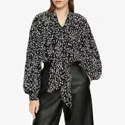 Ted Baker Top Women's 16 Bow Tie Neck Blouse Animal Leopard Print Balloon Sleeve