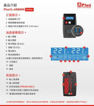 【電壓220V】特優Aplus 在線互動式UPS Plus1L-US600N(600VA/360W) (6.9折)