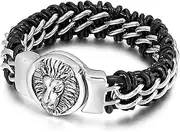 [BOSUGE] Charming Bracelet， Braided Leather Bracelet for Men with Stainless Steel Lion Head and Black Genuine Leather Straps (Size : 22.5CM) (Color : Stainless Steel)
