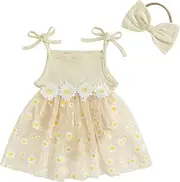 [Tempura] Newborn Baby Girl Cute Outfit Sleeveless Flower Print Tulle Patchwork Romper Dress with Bowknot Hairband