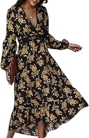 [SHINsuke] Women Bohemian Floral Summer Midi Dress, Black Spring Long Puff Sleeve V Neck Ruched Long Swing Beach Dress Holiday Business