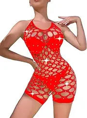 [Aucute] Fishnet Jumpsuit for Women Sparkly Rhinestone Bodysuit Halter Sheer Lingerie Mesh Rave Outfits One Size