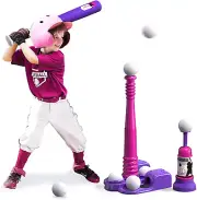 Kids T Ball Set - Baseball Toy Set w/ Automatic Launcher Batting Bat Balls PINK