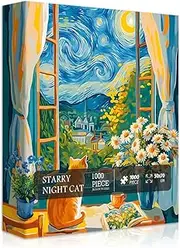 Cat Puzzles for Adults 1000 Pieces,Starry Night Puzzle Art, Book Kitten Flower Puzzle,Moonlit Kitty Floral Jigsaw Puzzle Scenic