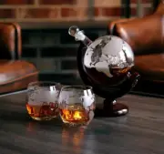 Navigator Galleon Wine Decanter World Map Globe Wooden Stand Glass Set Bar Decor
