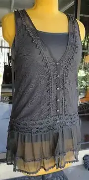Crochet Lace Gray Macrame Trim Pretty Angel Tunic W/ Cami Sz . S