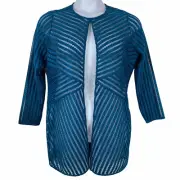 Chicos Travelers Sz 1 Cardigan Jacket Blue Loose Open Knit Hook Eye Closure NEW