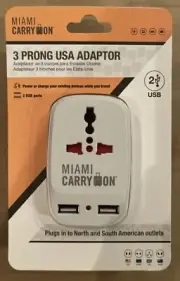 Miami Carry On 3 Prong Usa Adaptor Power Or Charge 2 USB ports Plugs Outlets