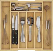 [Youpehom] Bamboo Utensil Organizer for Kitchen Drawers, Expandable Utensil Tray and Cutlery Silverware Holder,Wood Drawer Dividers with 7 Adjustable Slots