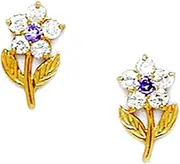 [JewelryWeb] 14k Yellow Gold February Purple CZ Flower Leaves Screw Back Earrings 11x6mm Stud Earring for Women