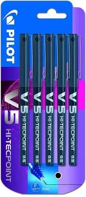 Pilot V5 Hi-Tecpoint Liquid Ink Rollerball Pen 0.5Mm Tip 0.3Mm Line Black Pack 5