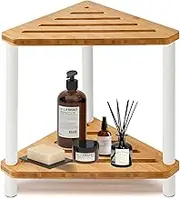 ECO-STYLE-LIFE Bamboo Corner Shower Stool with White Metal Legs, Waterproof Shower Stool for Inside Shower Shaving Leg,Shower Foot Rest with Storage Shelf, Small Spaces,Bath Seat,Shower Bench