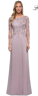 La Femme 29251 Illusion Sleeves Floral Top Dress NWT Sz 14 Light MAUVE/Pink