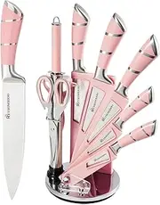 Kitchen Knife Set, Retrosohoo 9-Pieces Black Sharp Non-Stick Coated Chef Knives Block Set,Stainless Steel Knife Set for Kitchen with Sharpener for Cutting Slicing Dicing Chopping (Pink)