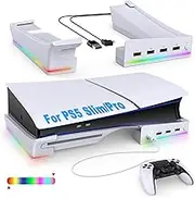 FASTSNAIL RGB LED Horizontal Stand for PS5 Slim Console, Holder Accessory with 4 USB Ports for Charging and Transferring Data, Stand for Playstation 5 Slim Disc & Digital Edition