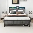 Double Bed Frame with LED Lights Storage Headboard and USB Charging Station,Meta