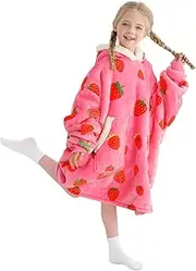 Kipswiza Blanket Hoodie for Kids Oversized Wearable Blanket, Super Soft Warm Sherpa Fleece Blanket Sweatshirt for Girls Boys Children - Strawberry