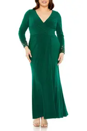 Mac Duggal Long Crystal Detail Sleeve V Neck Gown in Emerald at Nordstrom, Size 14W