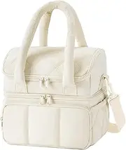 HonorHut Double Deck Insulated Lunch Bag Quilted Puffer Leakproof Large Cooler Lunch Box for Adult Kids Portable Tote Bag with Adjustable Strap for Picnic Outdoor BBQ(Beige)