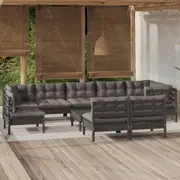 vidaXL 10 Piece Garden Lounge Set with Cushions Black Solid Pinewood
