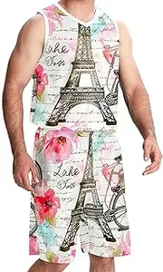 [KQNZT] Basketball Jersey and Shorts, Jerseys for Men, Hip hop Clothing for Party, Vintage Painting Chamomile Wheat Ears Floral
